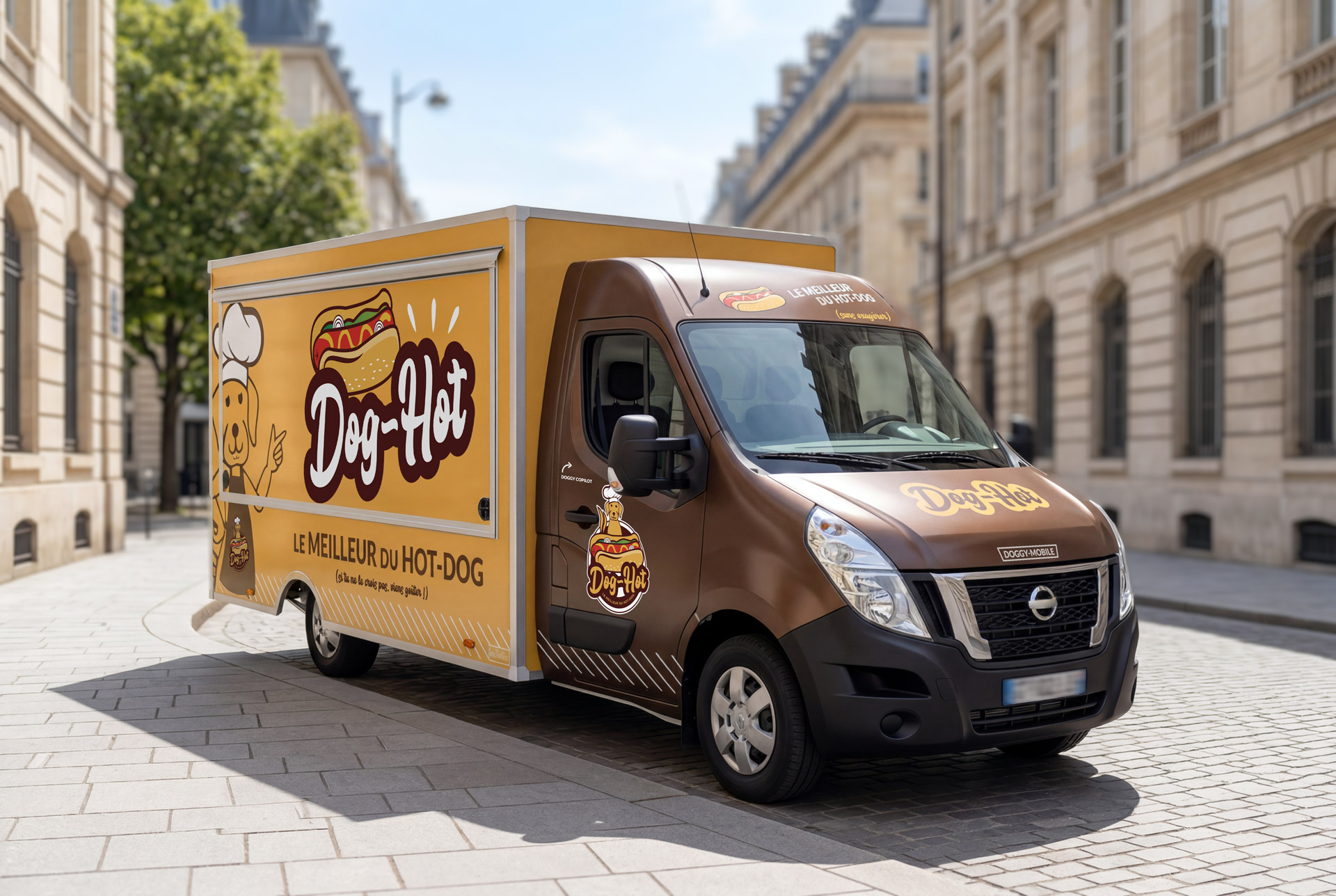 Food-truck Dog-Hot présenté dans un environnement urbain