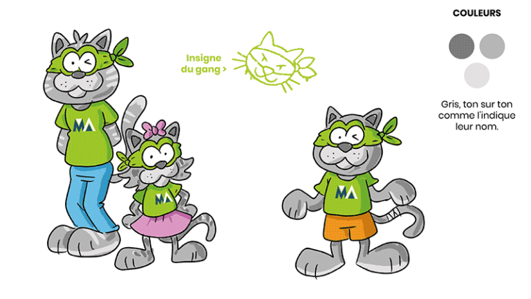 Recherches graphiques et esquisses de la mascotte des Chats Gris de Métabief Aventures
