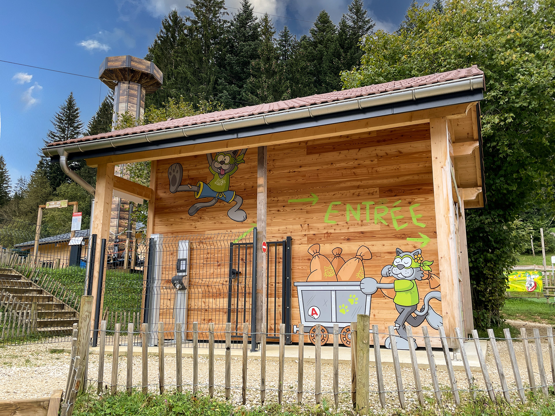 La signalétique avec les mascottes sur la douane de Métabief Aventures